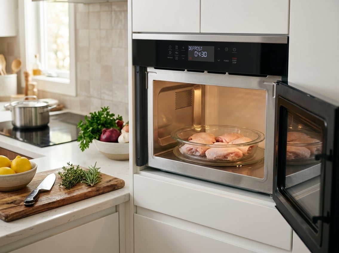 Raw chicken thighs being defrosted inside an open microwave in a clean kitchen with fresh ingredients on the countertop.