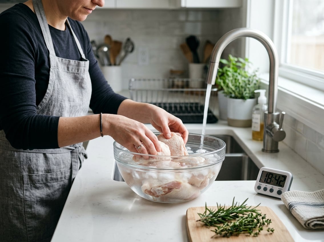 Hands defrosting chicken thighs in a bowl of cold water on a kitchen countertop.