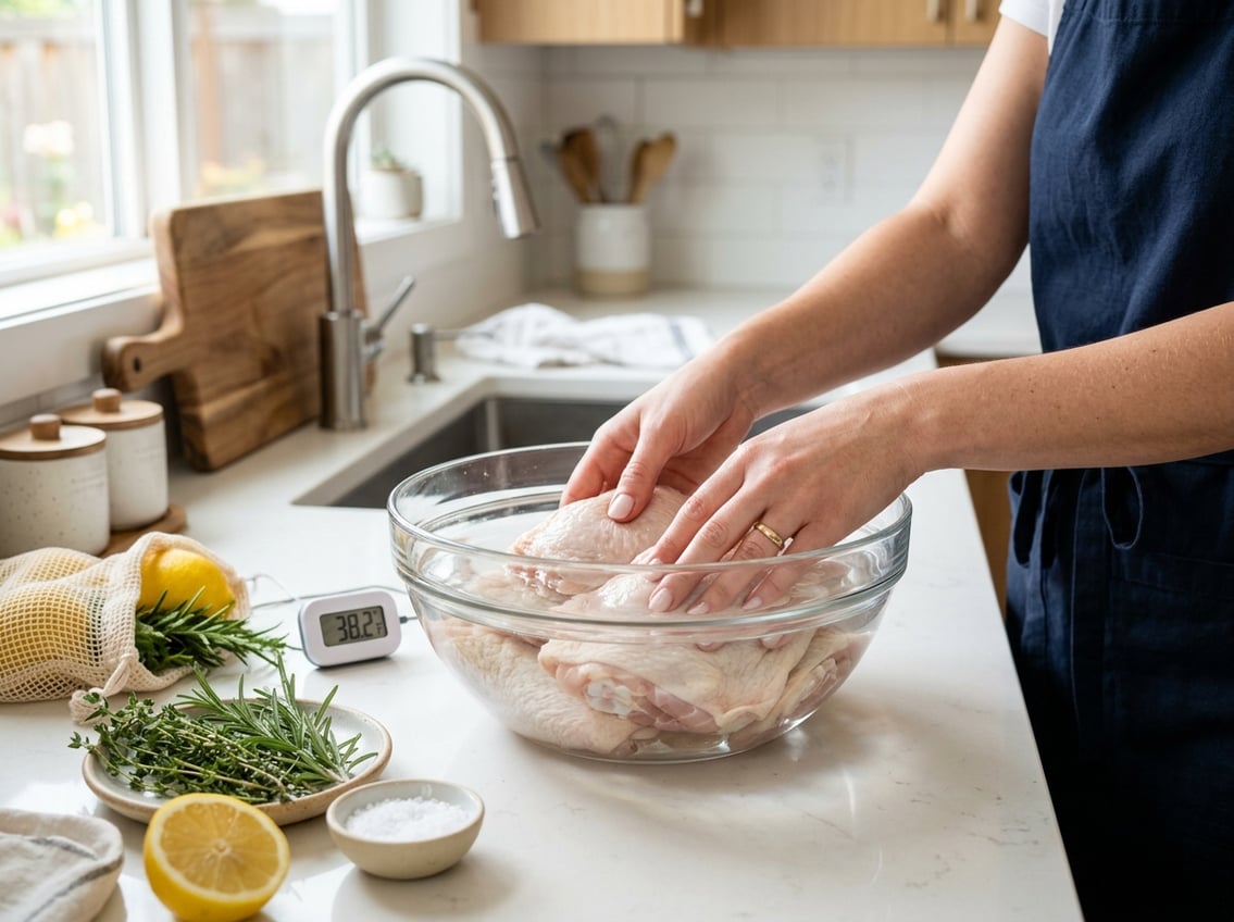 Hands placing raw chicken thighs into a bowl of cold water on a kitchen countertop.