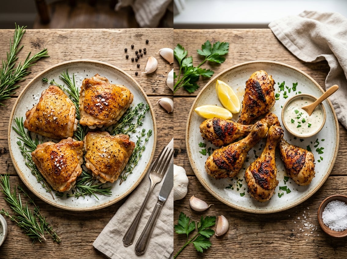 Two plates on a wooden table with cooked chicken thighs on one and chicken drumsticks on the other, garnished with herbs and lemon wedges.