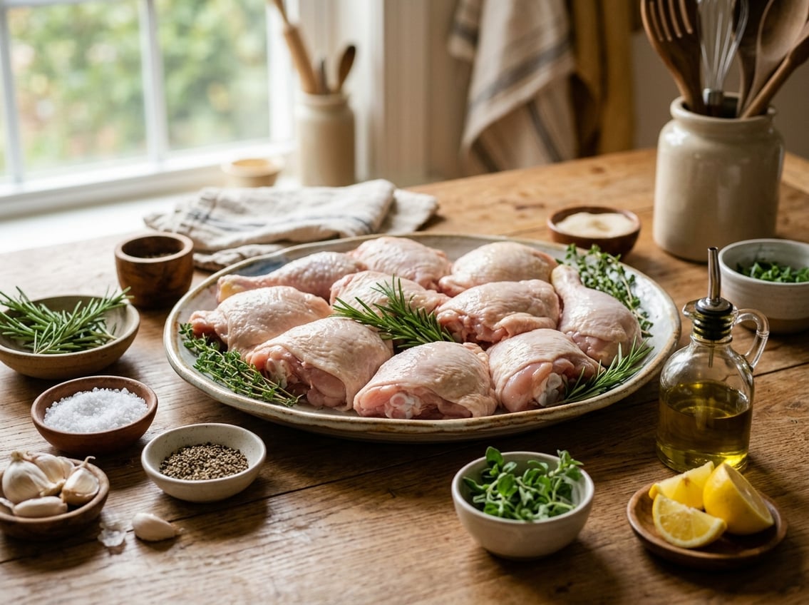Raw chicken thighs and legs on a platter surrounded by bowls of seasonings and fresh herbs on a wooden kitchen table.