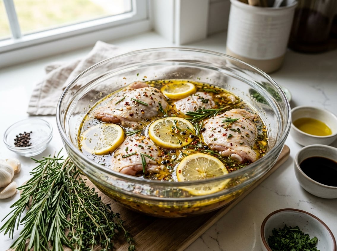 Raw chicken thighs marinating in a glass bowl with herbs and spices on a kitchen countertop.