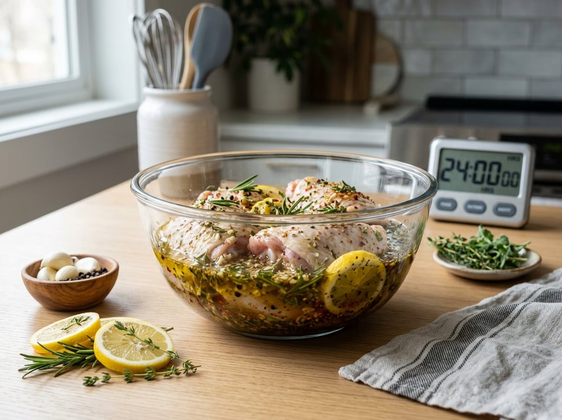 Raw chicken thighs marinating in a glass bowl surrounded by fresh herbs and spices on a kitchen countertop with a digital timer in the background.