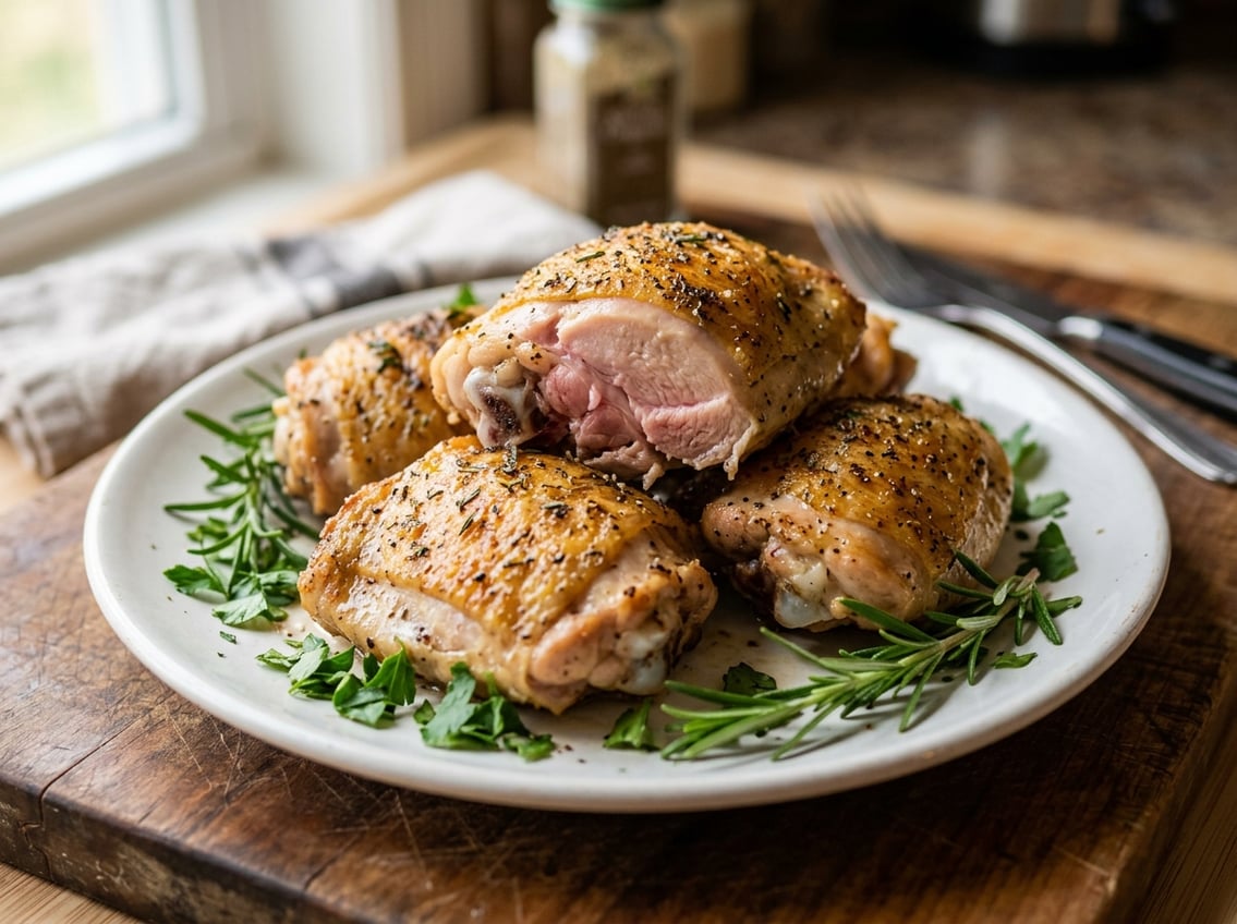 Close-up of cooked chicken thighs on a white plate with fresh herbs, showing a slight pink color near the bone.