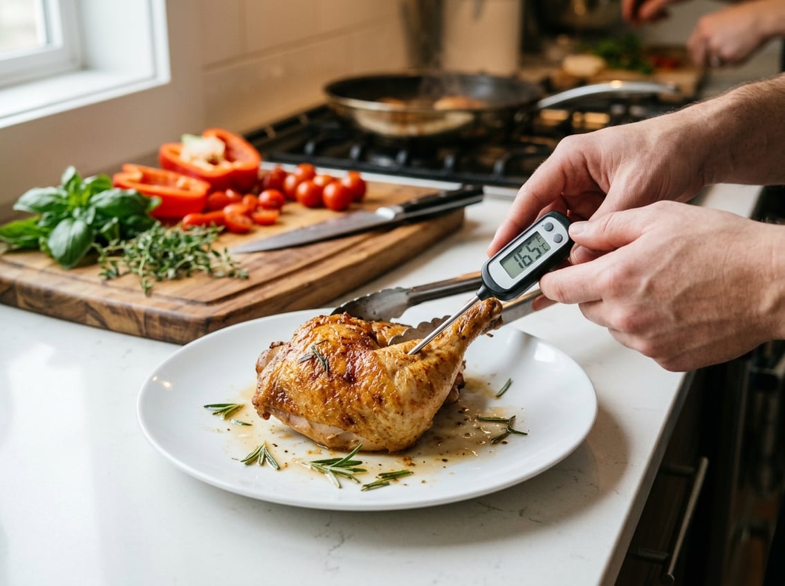 Hands holding a digital meat thermometer inserted into a cooked chicken thigh on a white plate in a kitchen setting.