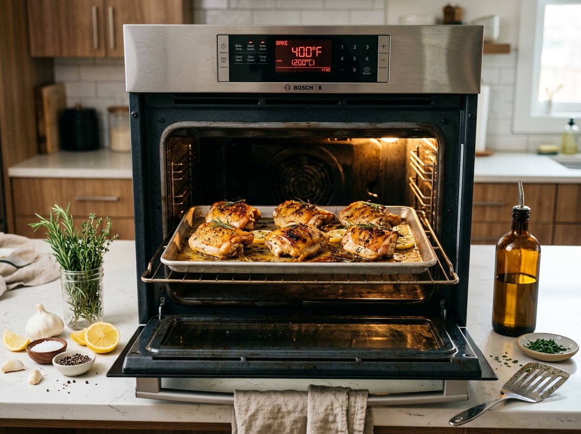 Close-up of golden-brown baked chicken thighs on a tray inside an oven with fresh herbs and ingredients on the countertop nearby.