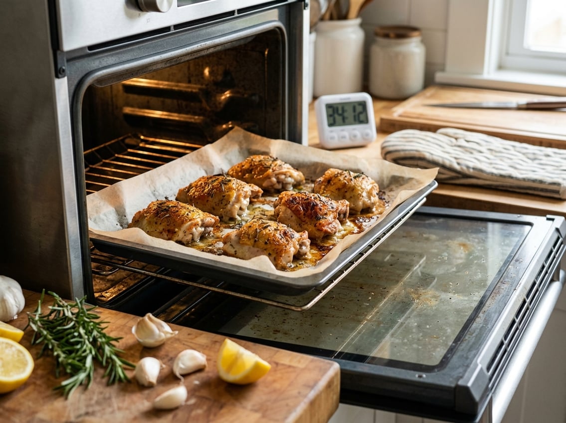 Close-up of bone-in and boneless chicken thighs baking on a tray inside an open oven with fresh herbs and ingredients on a kitchen countertop.