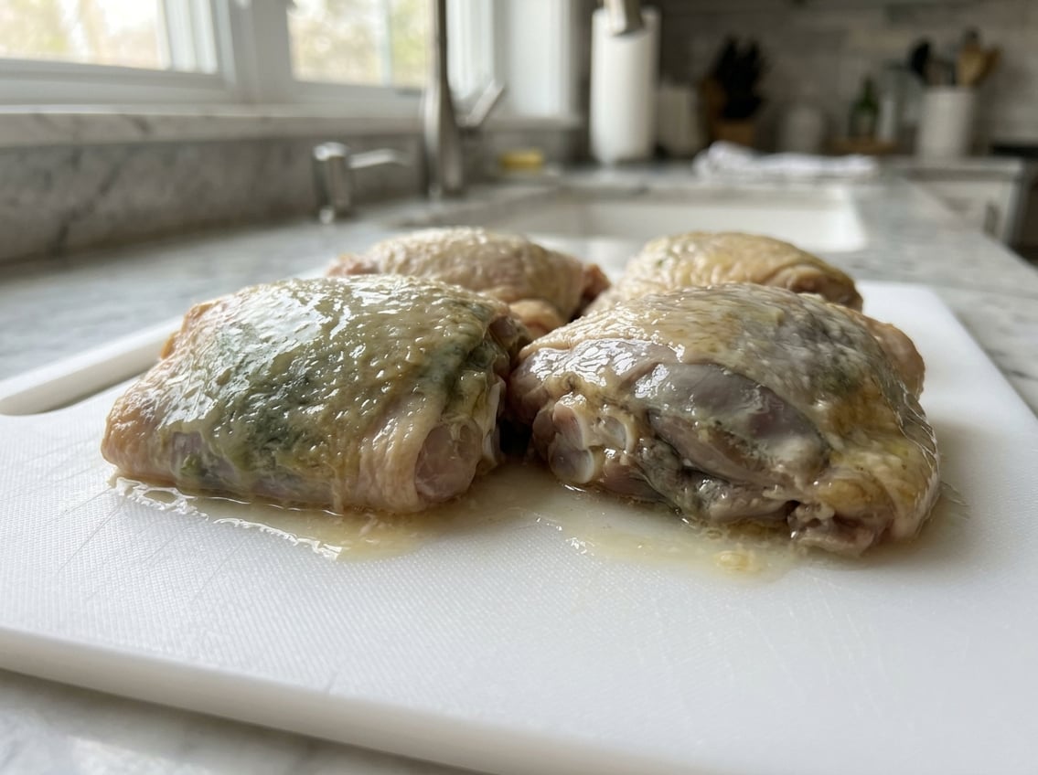 Close-up of raw chicken thighs showing discoloration and slimy texture indicating spoilage on a white cutting board.