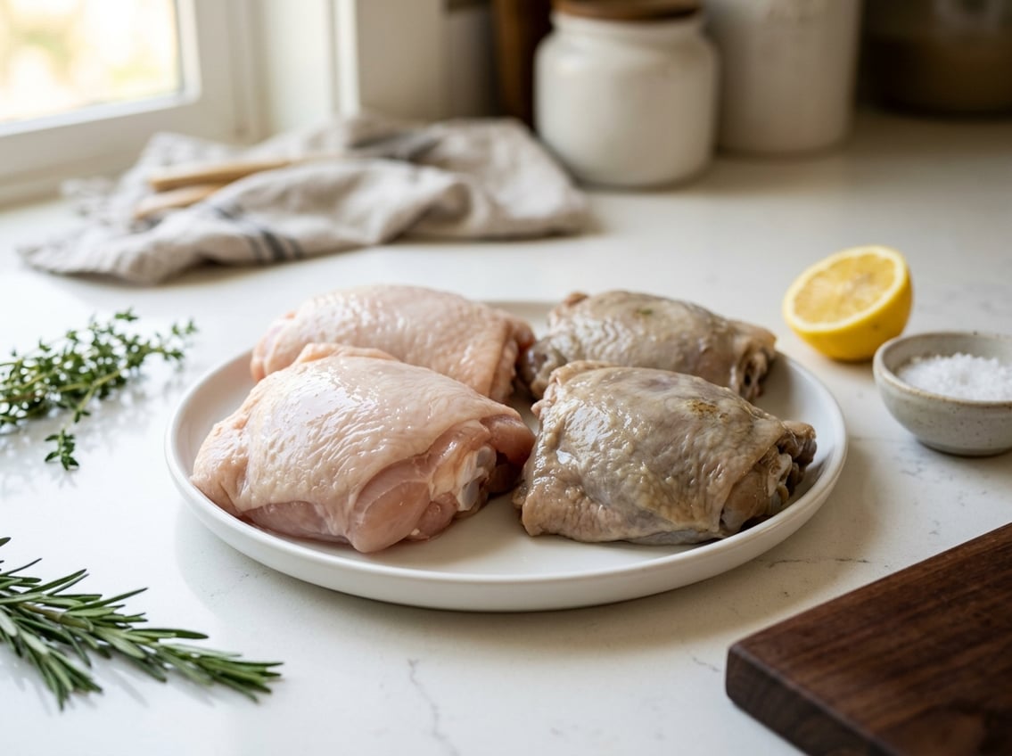Close-up of fresh and spoiled chicken thighs side by side on a kitchen countertop with herbs and lemon nearby.