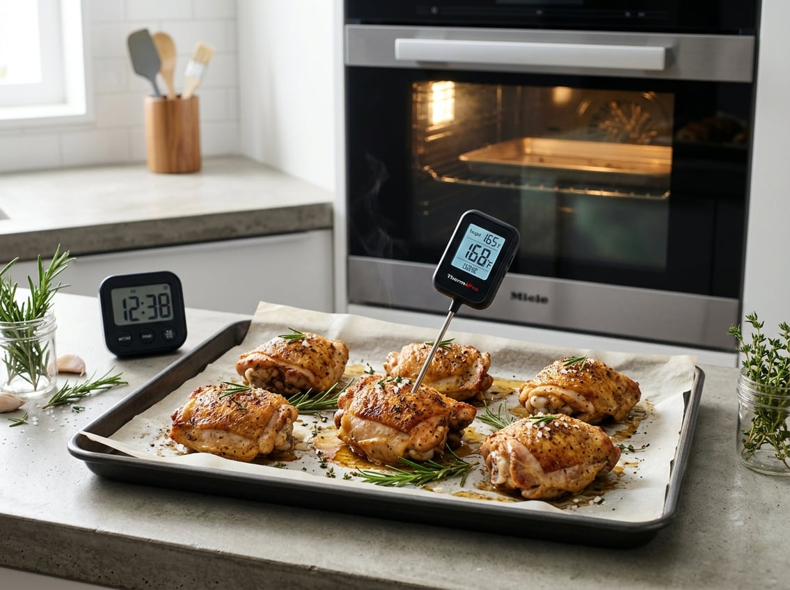 Close-up of cooked chicken thighs on a baking tray with a meat thermometer, oven thermometer, and digital timer in a modern kitchen setting.