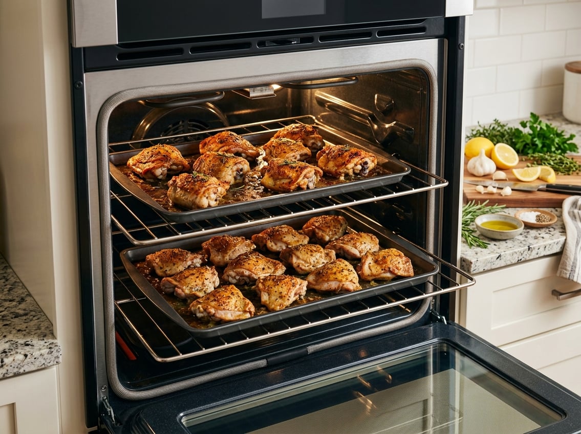 Two trays of cooked bone-in and boneless chicken thighs inside an oven with fresh ingredients on the countertop nearby.