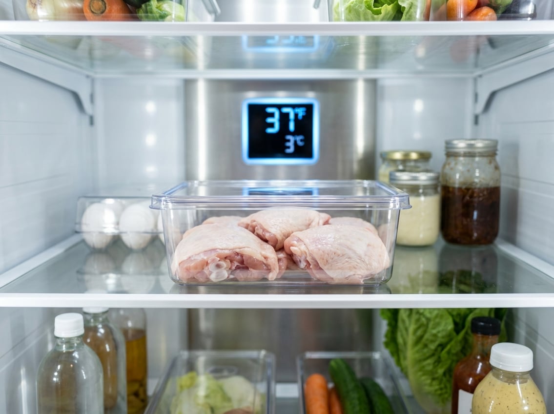 Open refrigerator showing neatly stored raw chicken thighs in clear containers on a middle shelf with a digital temperature display inside.