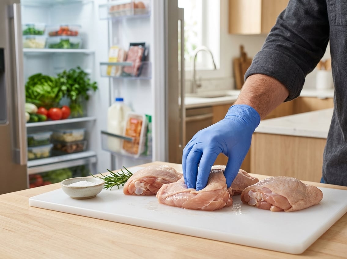 Close-up of raw chicken thighs on a cutting board with a gloved hand pressing the meat, a refrigerator is visible in the background.