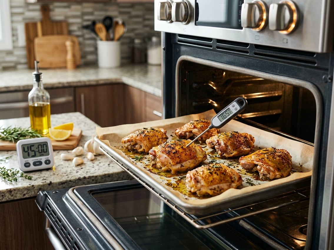Close-up of golden-brown chicken thighs cooking in an open oven with a meat thermometer inserted and a kitchen timer nearby.