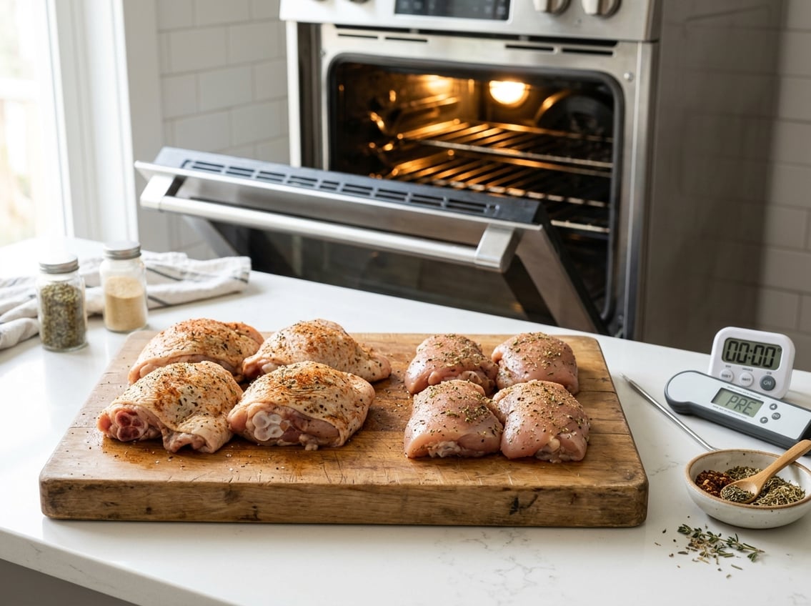 Raw bone-in and boneless chicken thighs on a cutting board next to a modern oven and kitchen utensils.