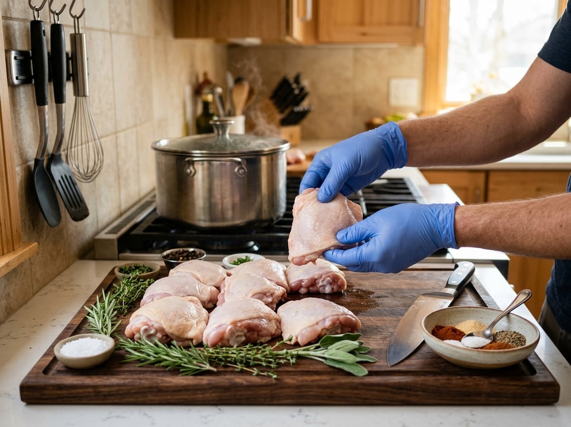 Hands selecting fresh raw chicken thighs on a wooden cutting board with herbs and cooking utensils in a kitchen.