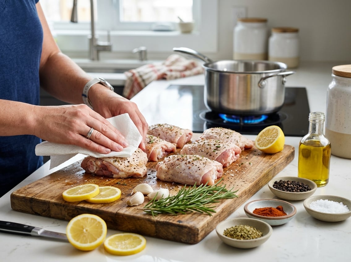 Hands preparing seasoned chicken thighs on a cutting board with fresh herbs and spices on a kitchen countertop.