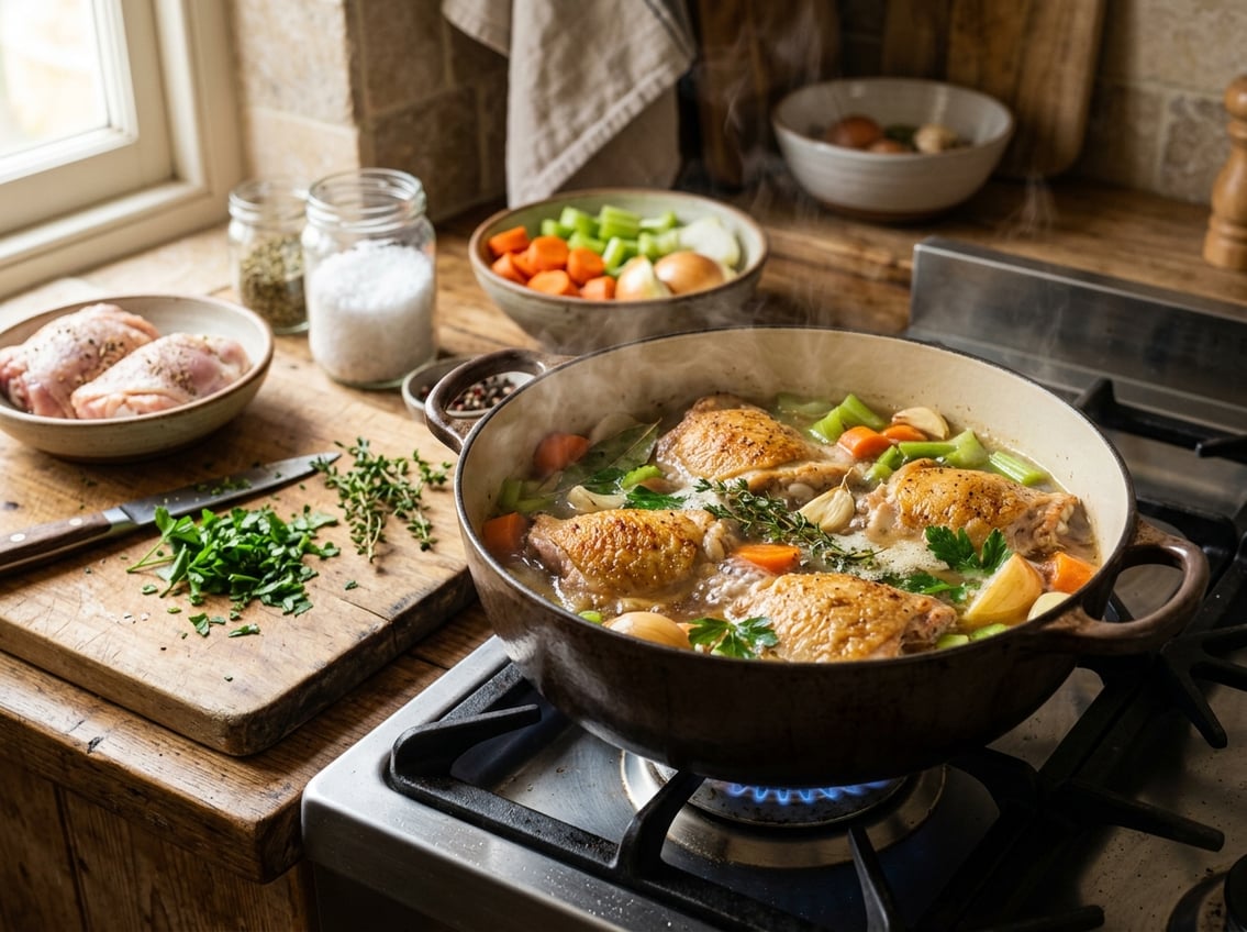 Close-up of chicken thighs simmering in a pot of soup with fresh vegetables on a stove in a kitchen.