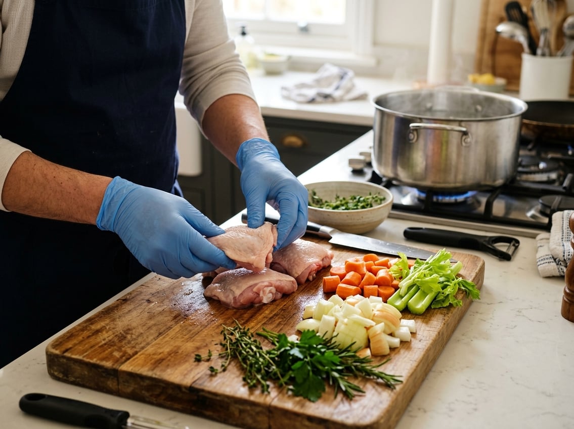 Person preparing raw chicken thighs on a cutting board with fresh vegetables and kitchen tools nearby.