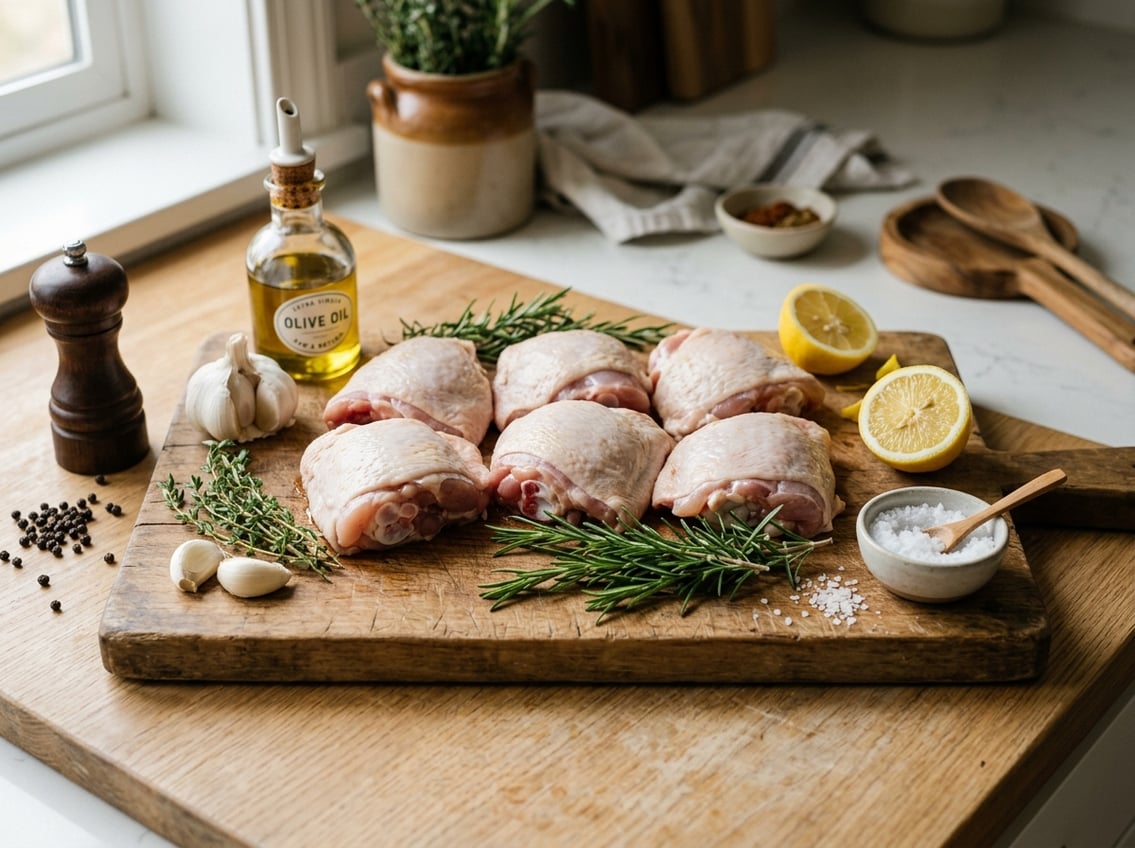 Raw bone-in chicken thighs on a wooden cutting board surrounded by fresh herbs, garlic, lemon, salt, pepper, and olive oil on a kitchen countertop.