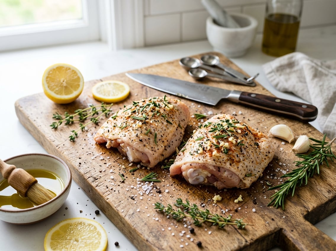 Raw bone-in chicken thighs seasoned with herbs and spices on a wooden cutting board in a bright kitchen setting.