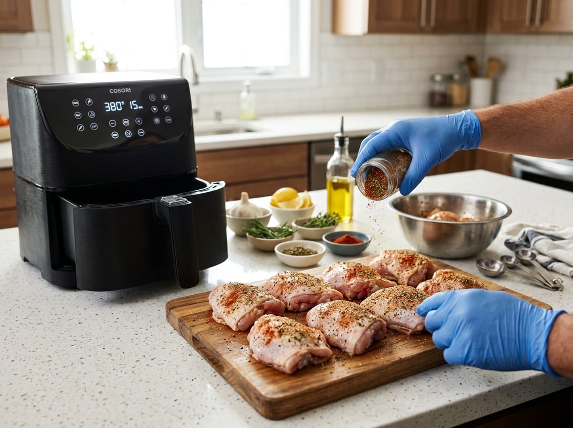 Hands seasoning raw chicken thighs on a cutting board next to an air fryer and fresh ingredients in a kitchen.