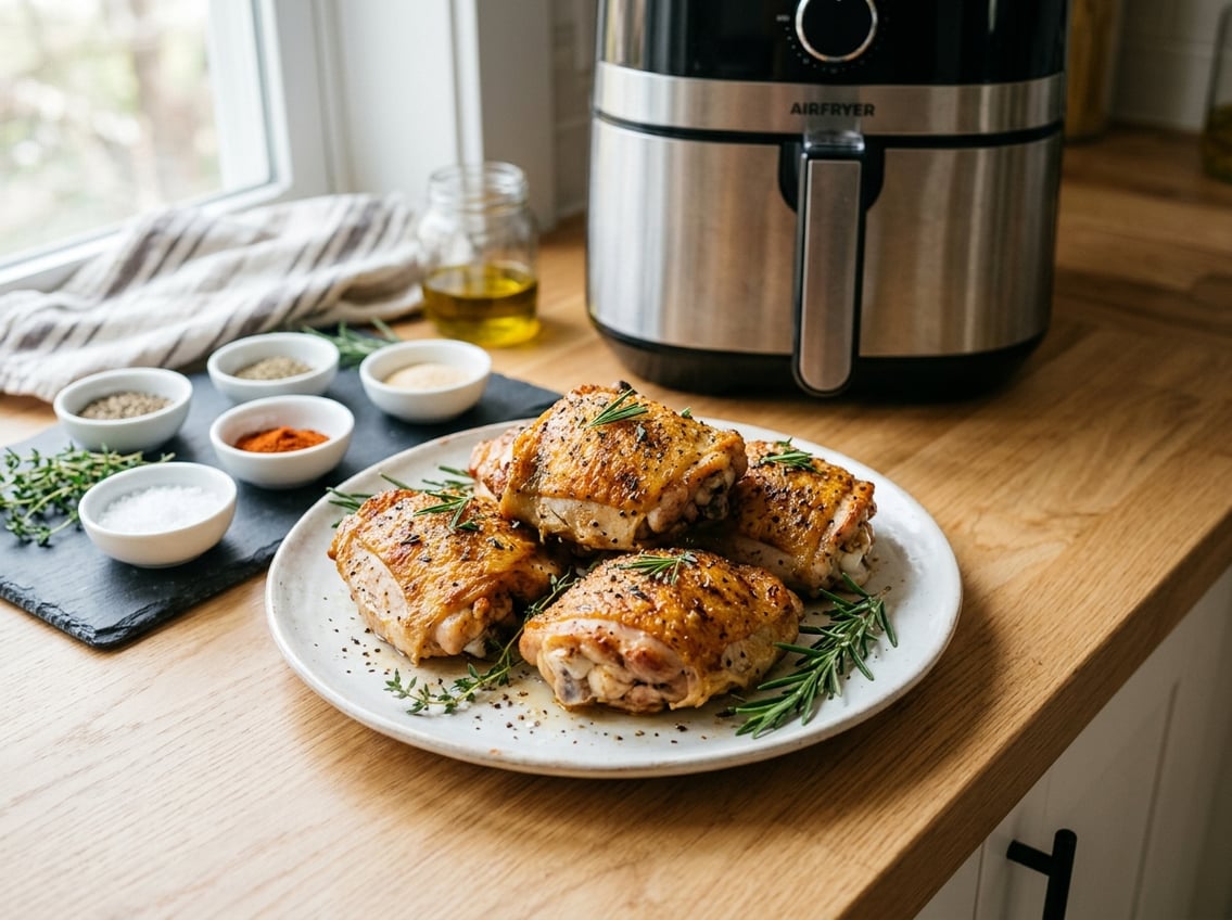 Cooked chicken thighs on a plate with bowls of seasonings and an air fryer in the background on a kitchen countertop.