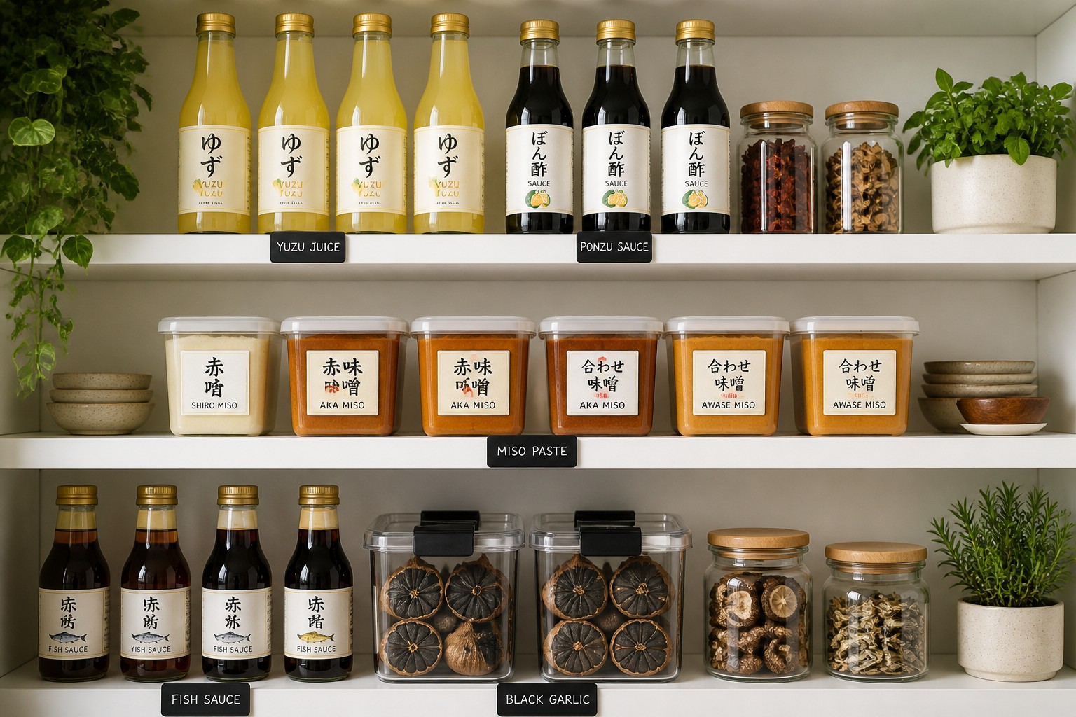 Detailed () image depicting organized modern pantry shelves with labeled glass jars and containers holding Asian