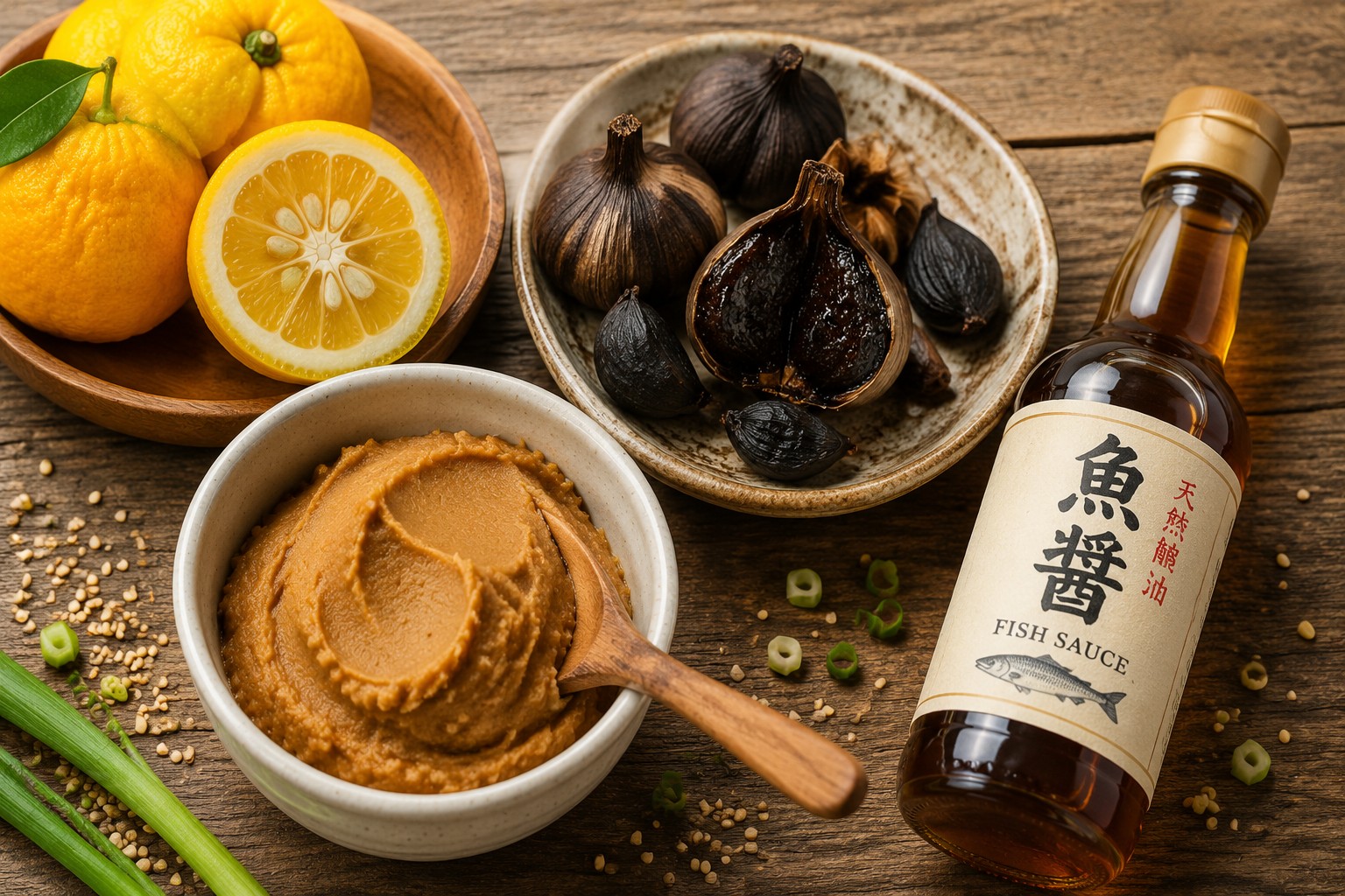 Detailed () image showing close-up overhead view of four distinct ingredient stations on rustic wooden surface: bright