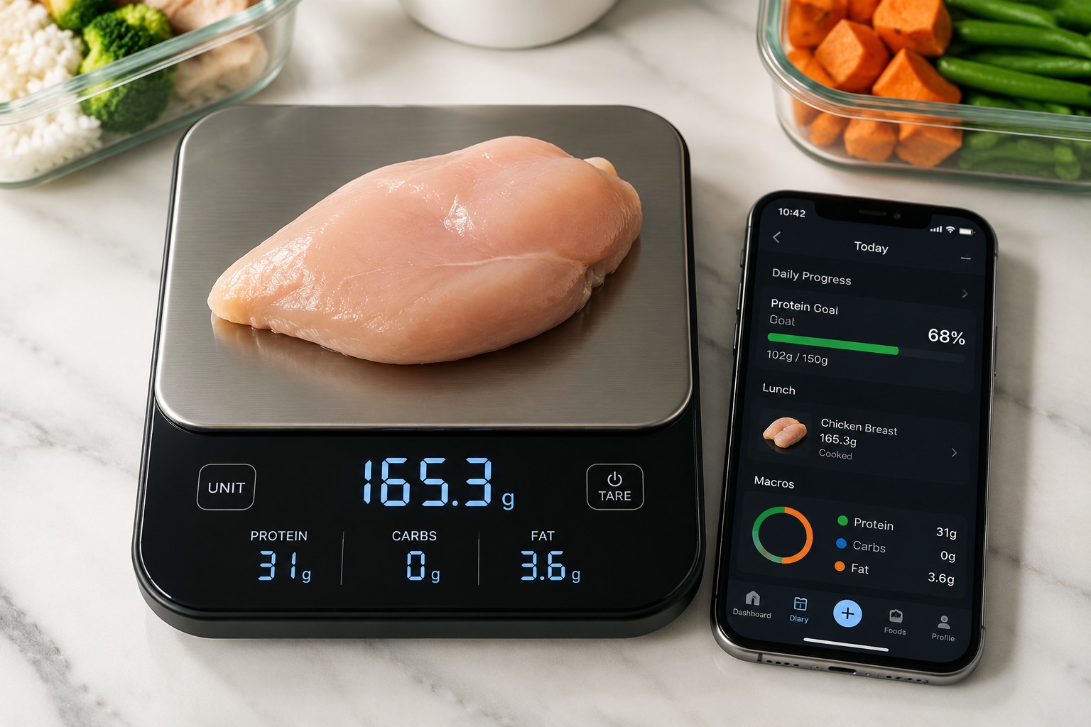 Detailed () image showing close-up overhead view of modern smart kitchen scale in action, displaying precise weight