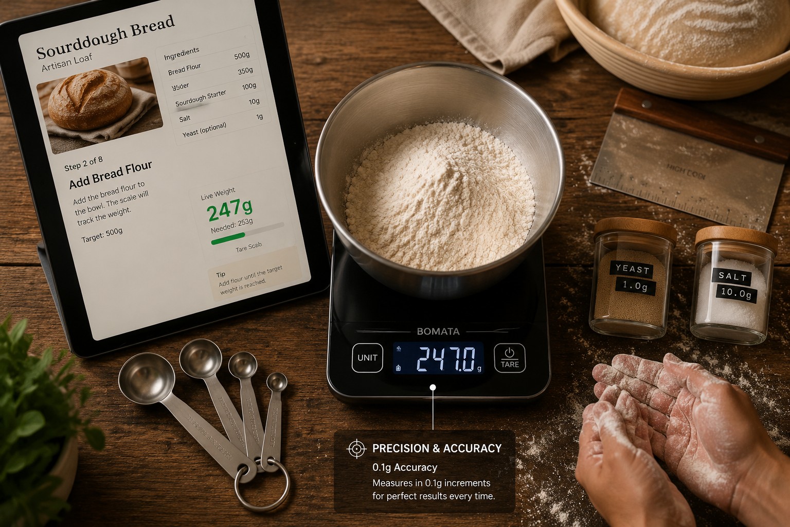 Detailed () image showing overhead flat-lay composition of precision baking setup with smart kitchen scale weighing flour in