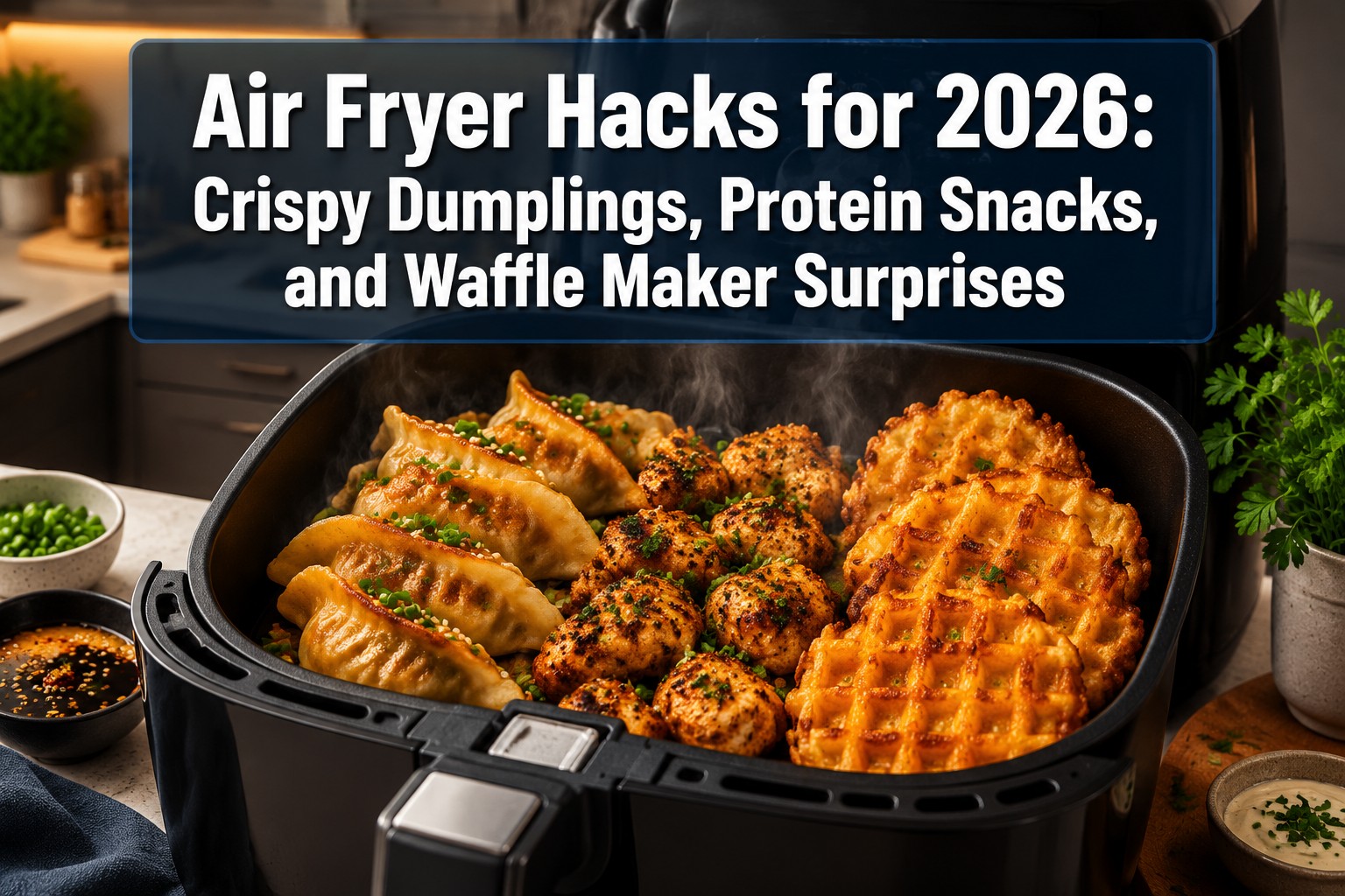 Professional () hero image featuring 'Air Fryer Hacks for 2026: Crispy Dumplings, Protein Snacks, and Waffle Maker