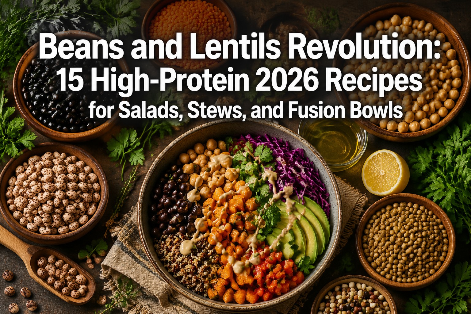 Professional () hero image featuring 'Beans and Lentils Revolution: 15 High-Protein 2026 Recipes for Salads, Stews, and