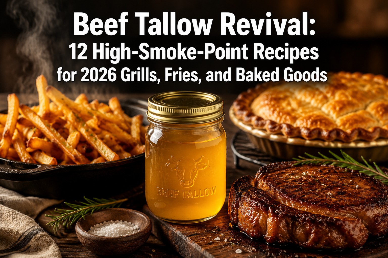 Professional () hero image featuring 'Beef Tallow Revival: 12 High-Smoke-Point Recipes for 2026 Grills, Fries, and Baked