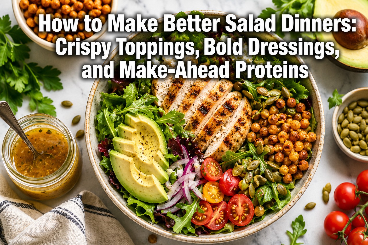 Professional () hero image featuring 'How to Make Better Salad Dinners: Crispy Toppings, Dressings, and Make-Ahead Proteins'