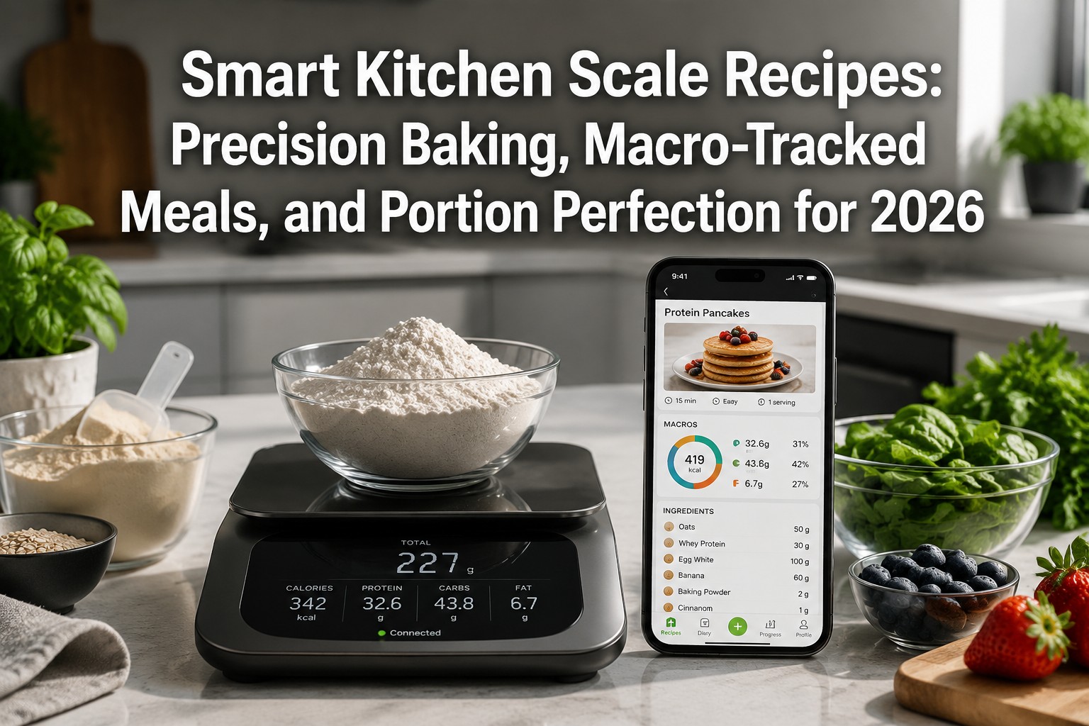 Professional () hero image featuring 'Smart Kitchen Scale Recipes: Precision Baking, Macro-Tracked Meals, and Portion