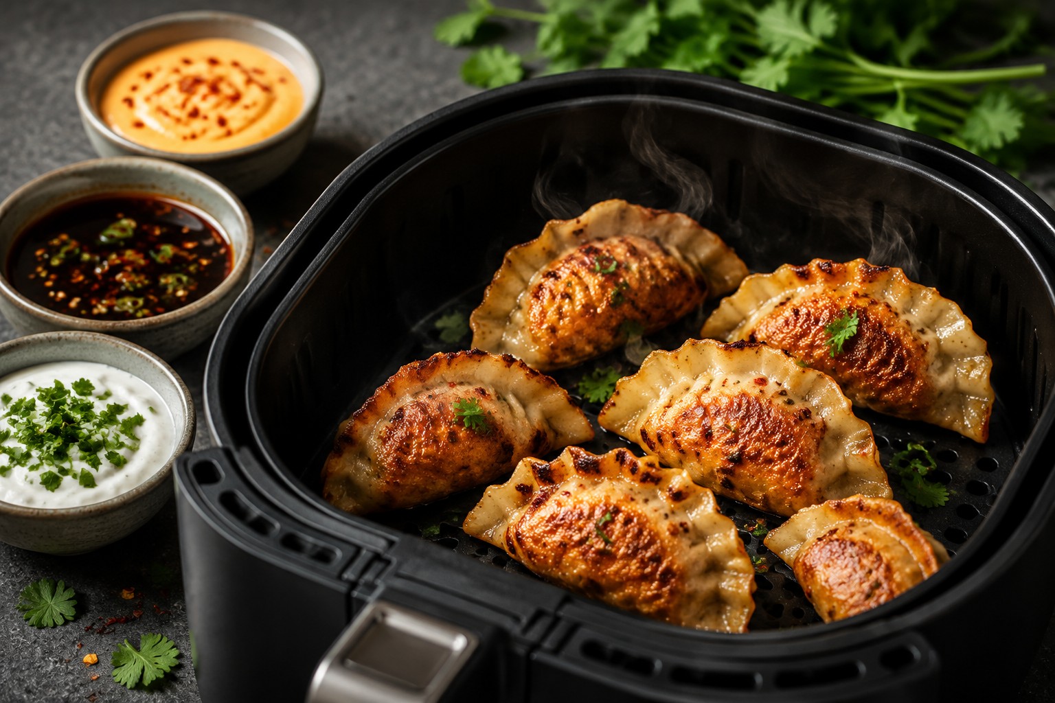 () close-up editorial image of air fryer basket containing six golden-brown crispy dumplings made from leftover mince and