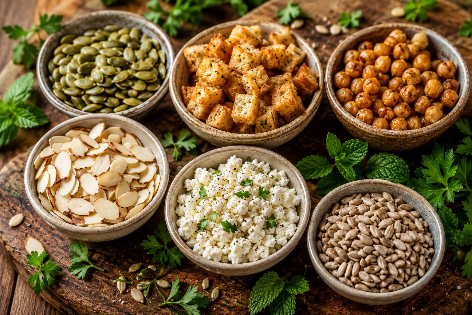() close-up editorial photograph of a rustic wooden board displaying various crispy salad toppings in small ceramic bowls:
