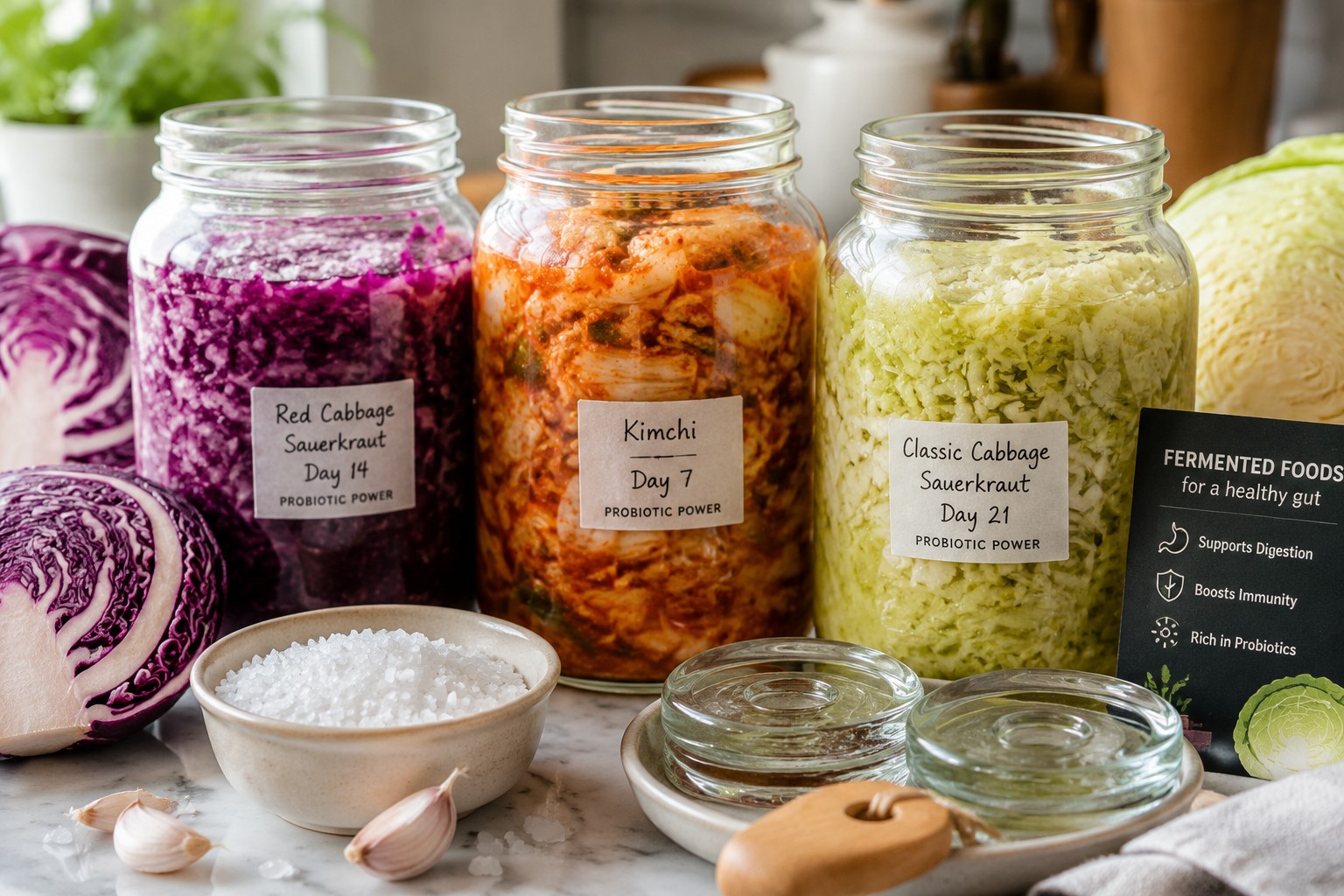 () close-up editorial shot of mason jars filled with colorful fermented cabbage varieties at different stages: bright purple
