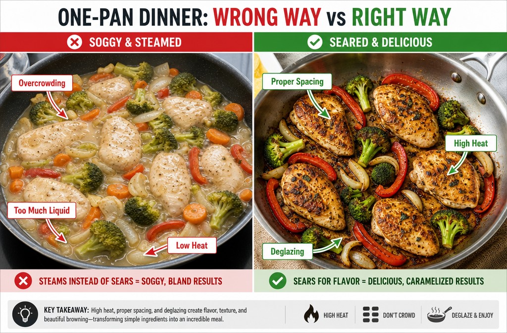 () comparison layout showing two side-by-side cooking scenarios: left side displays soggy, pale one-pan dinner with excess