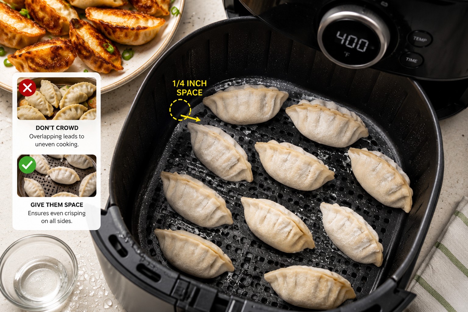 () detailed close-up photograph of frozen dumplings arranged in single layer inside air fryer basket with visible spacing