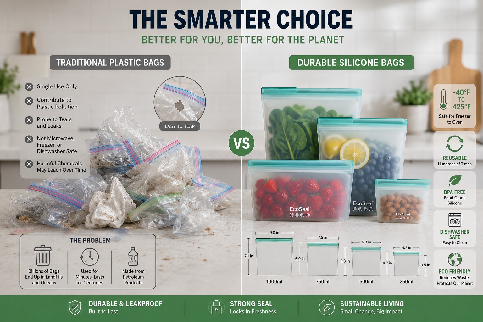 () detailed comparison scene showing two kitchen counters side by side: left side displays traditional plastic ziplock bags