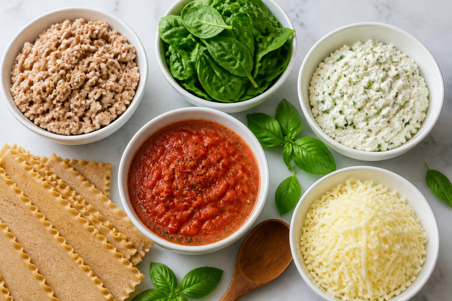 () detailed overhead flat-lay composition showing the nutritional components of lasagna deconstructed and arranged in