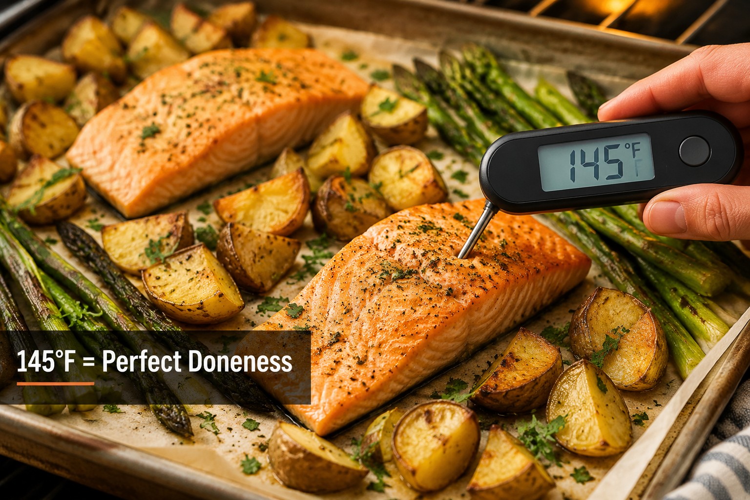 () editorial food photography showing a close-up view of a sheet pan with salmon fillets being tested with an instant-read