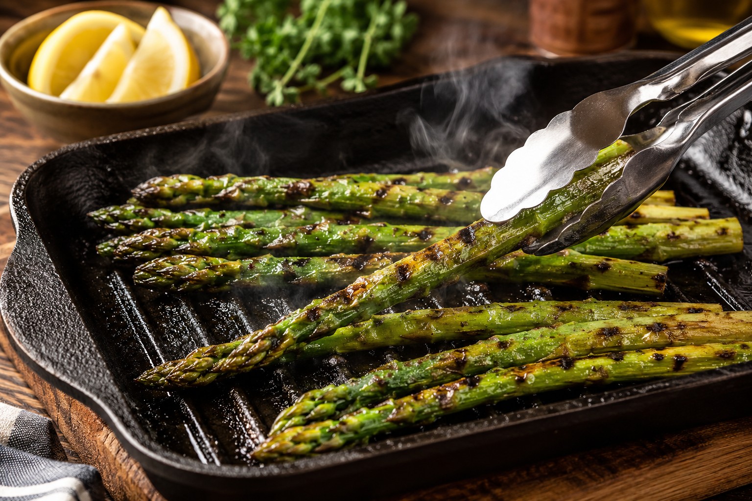 () editorial food photography showing asparagus being grilled on cast iron grill pan with visible char marks and grill