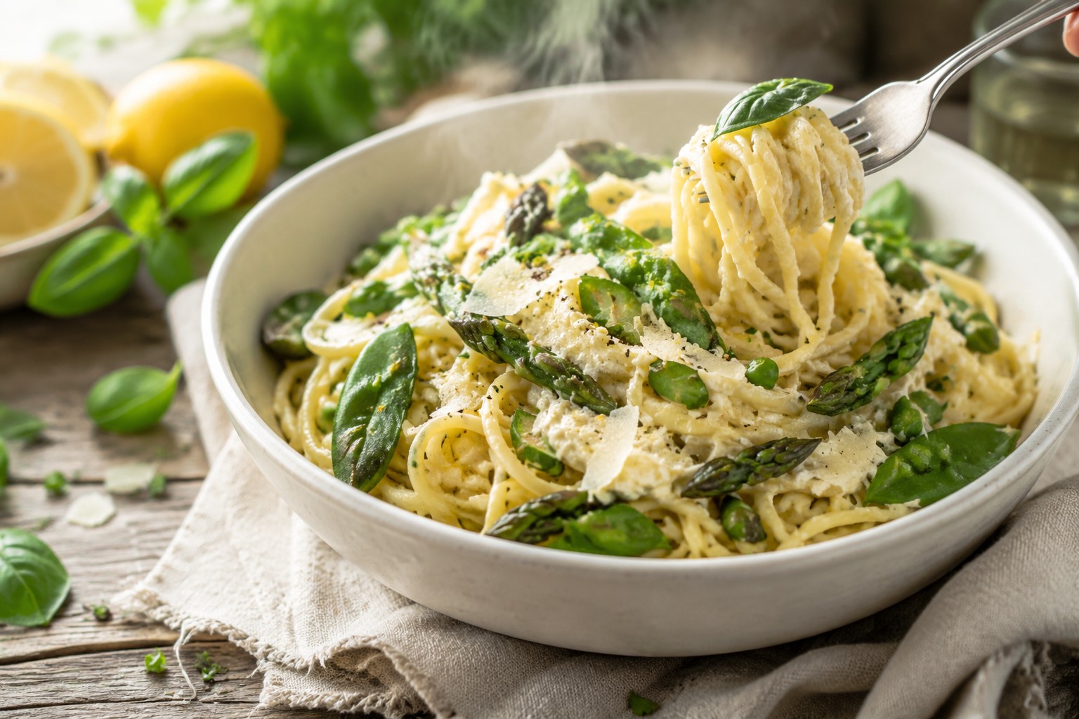 () editorial food photography showing close-up of creamy lemon ricotta pasta in white ceramic bowl, garnished with fresh