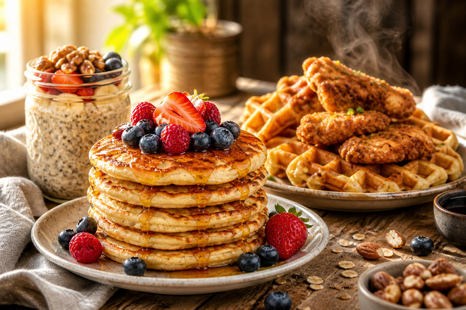 () editorial food photography showing close-up of high-protein breakfast spread on rustic wooden table. Features cottage