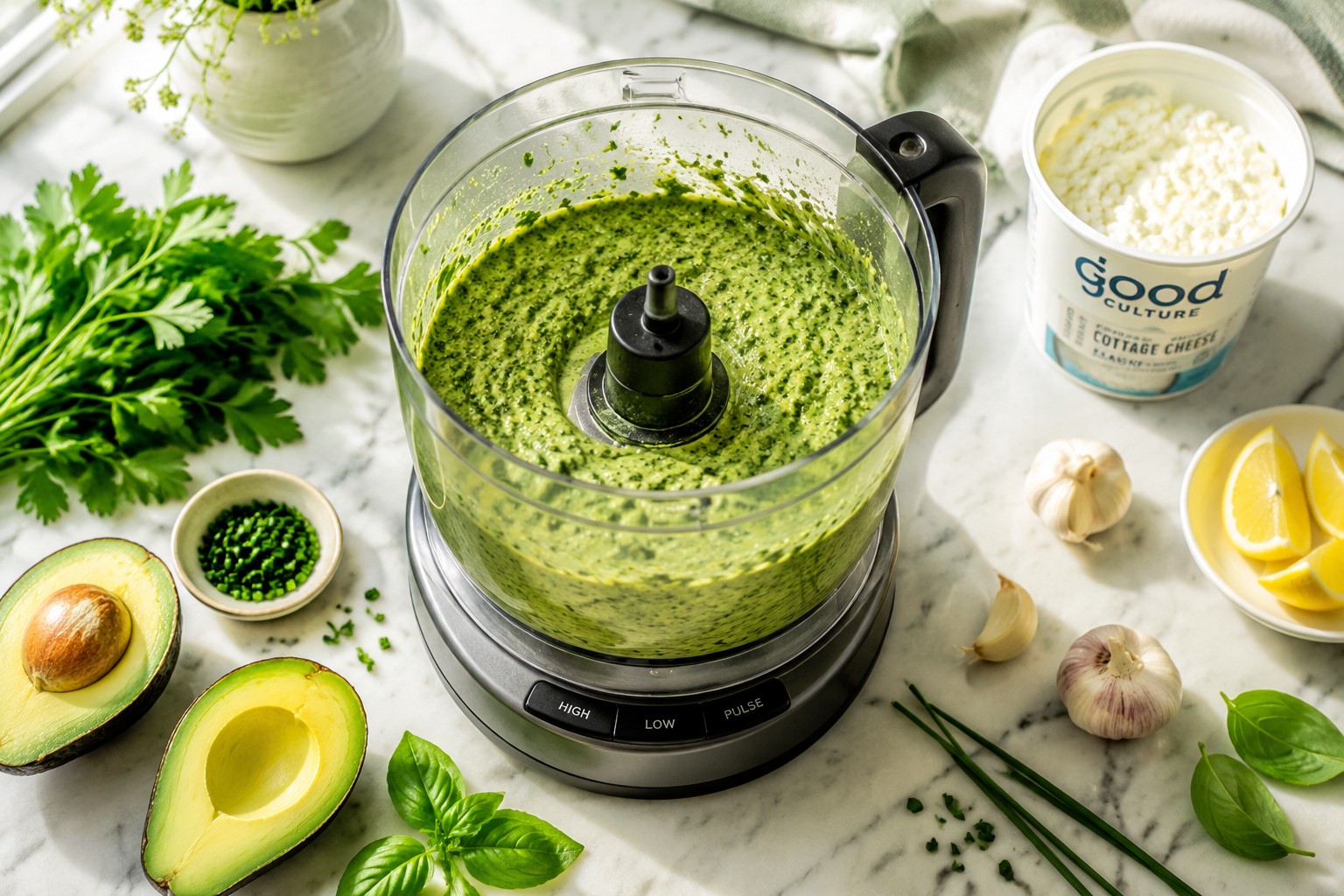 () editorial food photography showing food processor or blender filled with bright green goddess dip mid-blend, vibrant