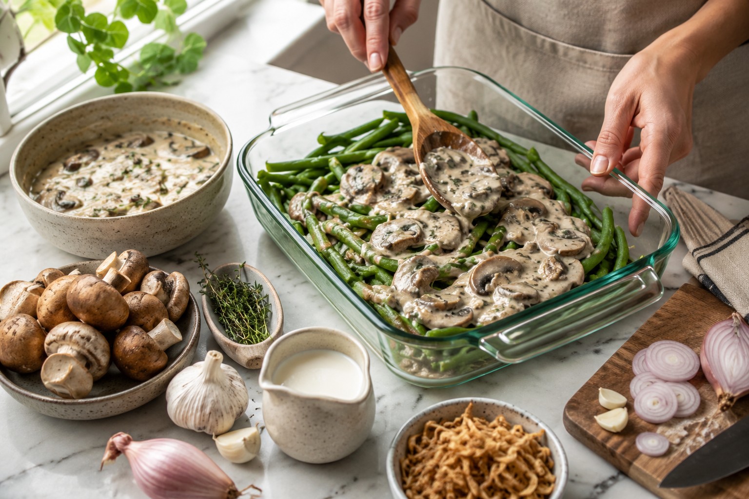 () editorial food photography showing hands assembling modern green bean casserole in clear glass baking dish, fresh green