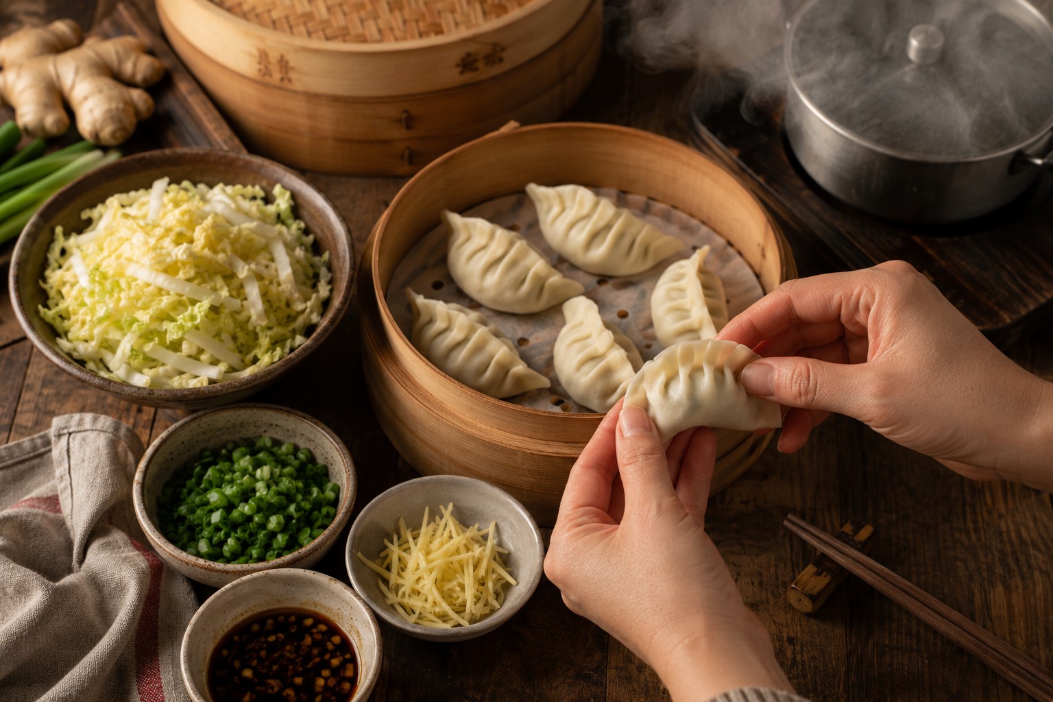 () editorial food photography showing hands folding delicate cabbage dumplings on bamboo steamer, with finely shredded napa